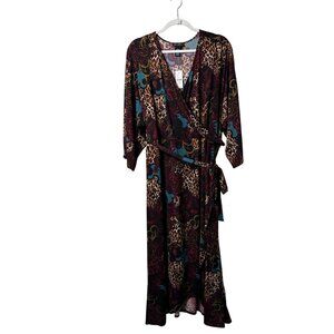 Catherines Black Label Paisley Leopard Print Wrap Dress Size 3X V Neck Belt NWT